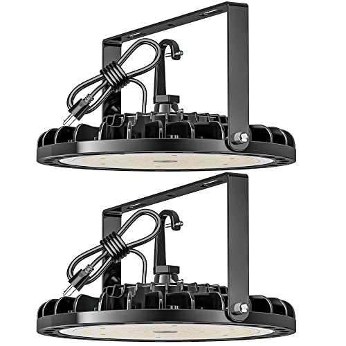 Flakeeper LED High Bay Light 100W 14000 LM with US Plug 5ft Cable, 5000K Daylight, IP65 Waterproof, UFO Commercial Industrial Warehouse Workshop Factory Barn Garage Area Lighting Fixture, 2PCS