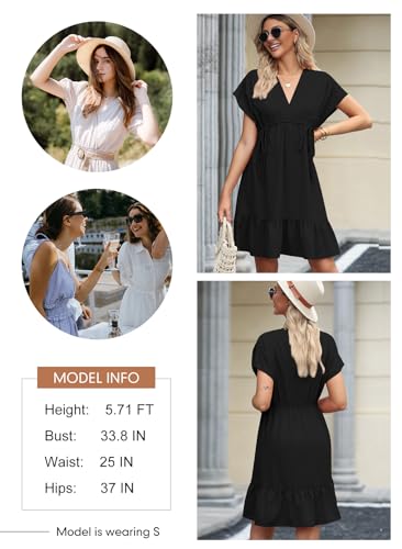 Dokotoo Women's Casual Dresses V Neck Drawstring Short Sleeve High Waist Ruffle A Line Solid Color Summer Fashion Short Flowy Pleated Mini Babydoll Dress for Women 2024 Sundresses Black Small