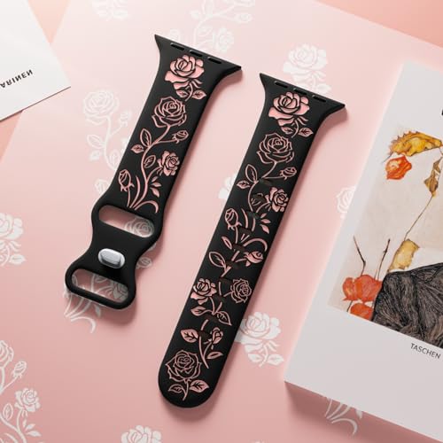 Maledan Fancy Engraved Band Compatible with Apple Watch Bands Women 42mm 44mm 49/45mm, Two-tone Silicone Elegant Rose Flower Pattern Sport Strap for iWatch Series 9 8 SE 7 6 5 4 3 2 1 Ultra Wine Red