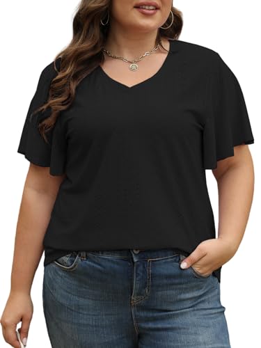 Womens Plus Size Tops V Neck Casual Hollow Tunics Summer Tops Cute Black XL