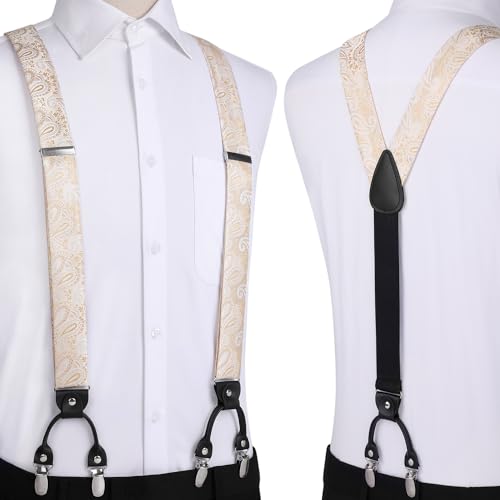 HISDERN Suspenders for Men Paisley Floral Bow tie Suspender Pocket Square Sets Adjustable Y Shape 6 Clips Wedding Braces