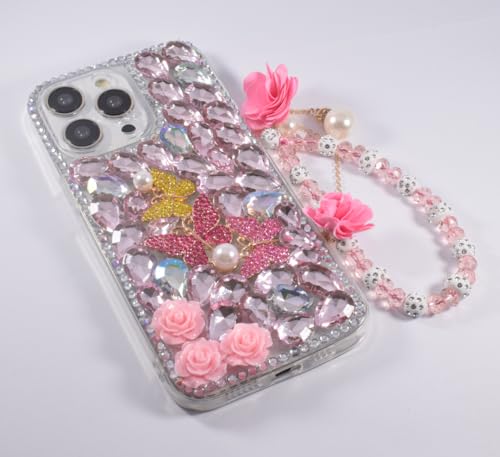 Poowear for iPhone 14 Pro Max Bling Diamond Case with Flower Strap,Luxury Bling Diamond Rhinestone Gemstone 3D Butterfly and Rose Flower Gemstone Cover Case for Women Girls