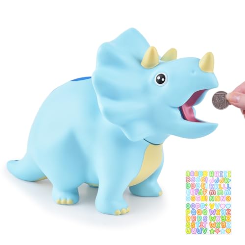 PJDRLLC Dinosaur Piggy Bank for Kids, Unbreakable Plastic Money Coin Bank for Boys and Girls, Great Gifts for Birthday, Easter, Christmas (Blue)