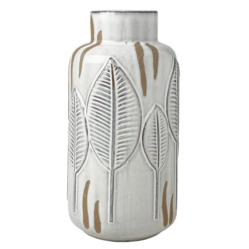 Mikasa Embossed Leaves White and Beige Ceramic Vase, 5.31x5.31x10.63 Inch