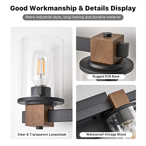PUNSOKO Farmhouse Vanity Light Fixture, 3 Light Bathroom Wood Wall Light Over Mirror with Clear Glass Shade, Rustic Bathroom Vanity Light (Antique Wood, 3-Light)