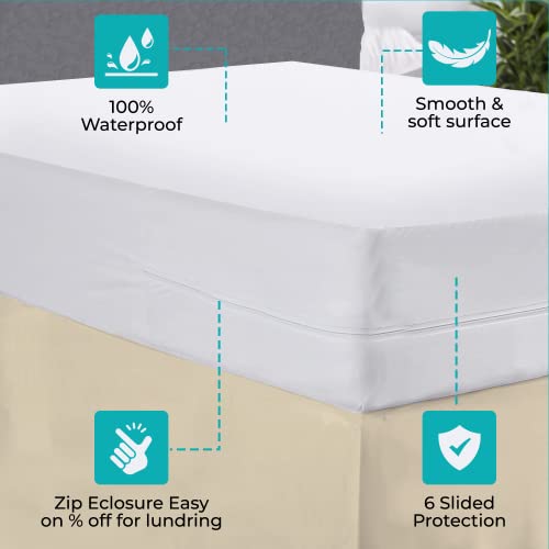 Feather & Stitch Premium Mattress Protector, Bedding Zippered Mattress Encasement, 100% Waterproof Knitted Polyester Bed Cover - Absorbent, Six-Sided Mattress Cover (Queen)