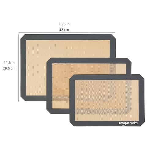 Amazon Basics Rectangular Silicone, Non-Stick, Food Safe Baking Mat, Pack of 3, Beige/Gray, 16.5" x 11.6"