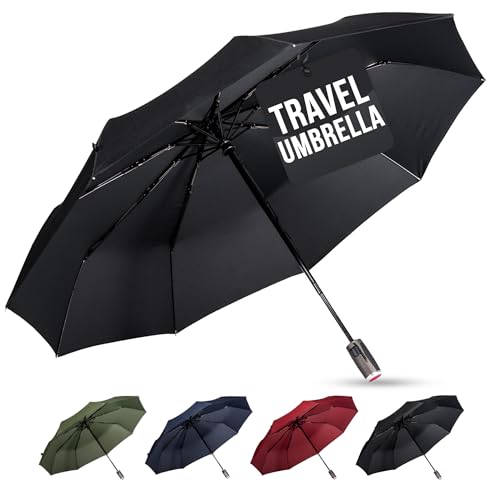 LifeTek Traveler 42 FX1 Windproof Travel Umbrella, Automatic Open Close, Compact for Rain and Sun, Fits in Purse or Backpack, Strong Lightweight Durable Frame, UV Protection, Small and Portable Black