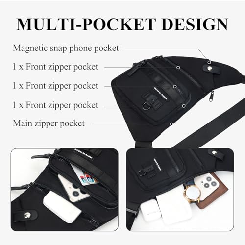 Qidelong Sling Bag Anti-theft Crossbody Chest Shoulder Backpack Women Men, Lightweight Personal Pocket Bag for Hiking Travel (Black)