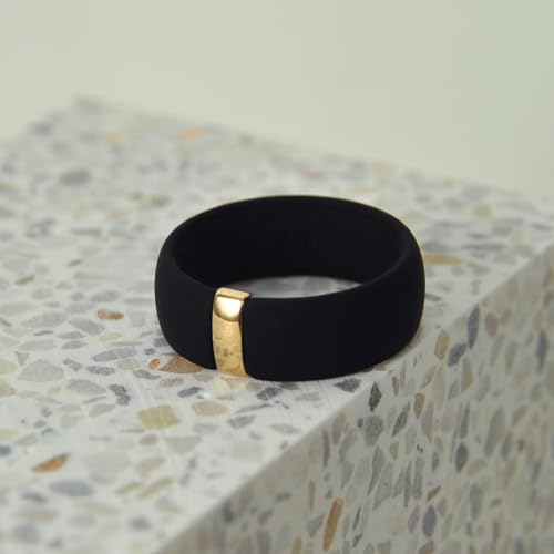 Rinfit Silicone Wedding Band Men - Classic Rounded Rubber Ring with Stainless Steel Metal Line - MetalBar Design Patent Pending - Black/Gunmetal Gray, Size 7.5-8