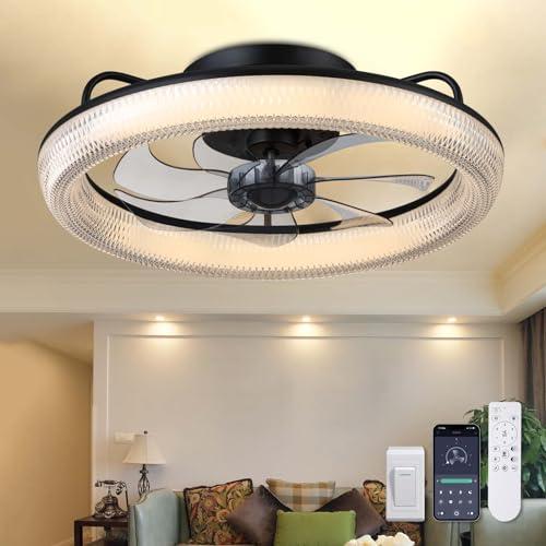 LUDOMIDE Ceiling Fans with Lights, 20" Low Profile Ceiling Fan with Light Remote Control, Flush Mount Fandelier Ceiling Fan 6 Wind Speeds 3 Color Changeable for Bedroom, Kitchen and Kids Room (Black)