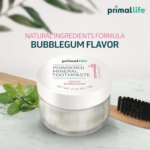 Primal Life Organics - Dirty Mouth Toothpowder, Tooth Cleaning Powder, Flavored Essential Oils with Natural Kaolin & Bentonite Clay, Good for 200+ Brushings, Organic, Vegan (Sweet Bubblegum, 0.25 oz)
