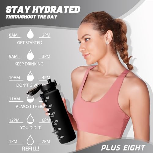 pluseight Sports Water Bottle, 32 oz Motivational Water Bottles with Time Marker to Drink, Leak-Proof Tritan BPA-Free with Carrying Strap for Women Men Gym Fitness Outdoor (Black Matte)