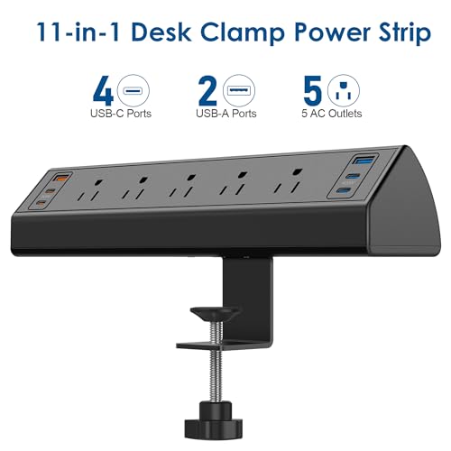 Desk Clamp Power Strip USB C,75W Total Fast Charging Station,45W USB-C and 30W USB-C Ports,Desk Edge Mount Power Strip 6-USB,5 AC Outlets Tabletop Surge Protector,Fit 1.6" Tabletop Edge