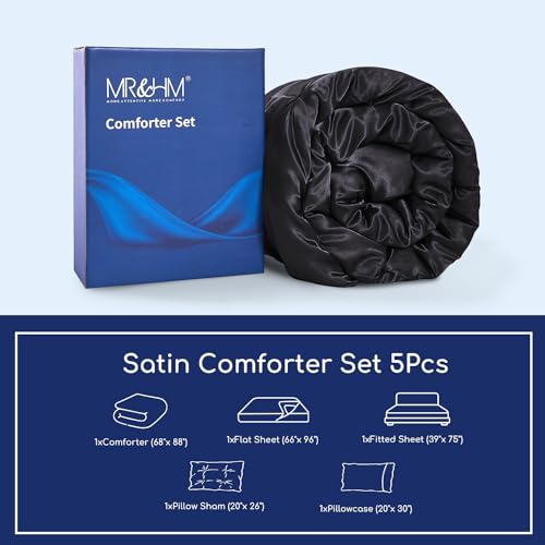 MR&HM Satin Comforter Full 7 Pieces - Luxurious Pinch Pleat Bedding Set with Comforter, Flat Sheet, Fitted Sheet, Pillowcases & Shams, Super Silky Soft Bed Set for All Season (Full, Navy Blue)