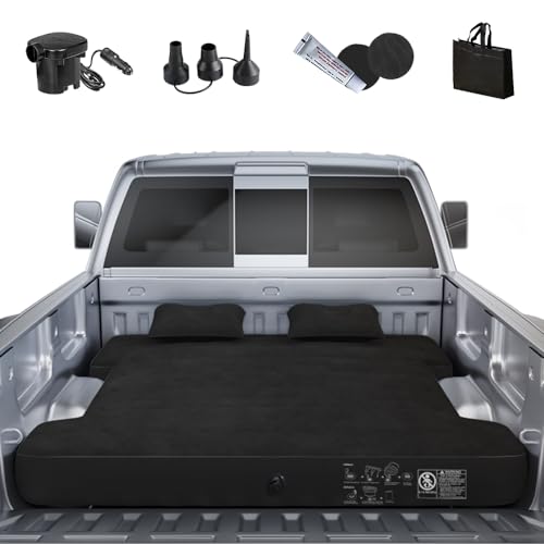 Uncle elk Truck Bed Air Mattress, Full Size Truck Beds, Inflatable Air Mattress Bed with Air Pump 2 Pillows, Carry Bag, Pickup Bed Air Mattress for Chevrolet Silverado, Dodge Ram, Ford, Black