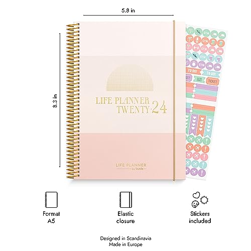 Burde Planner 2024 | Daily & Weekly Planner | Life Planner Pink Horizontal | 18 December 2023-5 January 2025 | Hardcover & Spiralbound A5 Format | Monthly & Yearly Overview | Stickers Included