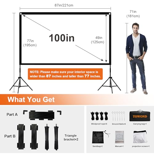 Projector Screen and Stand, Towond 100 inch Portable Movie Screen Indoor Outdoor 16:9 4K HD Front Rear Projection Screen with Carry Bag Wrinkle-Free and Foldable Design for Backyard Movie Night