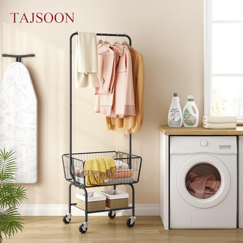 Tajsoon Laundry Cart with Hanging Rack, Metal Laundry Basket with Wheels, Laundry Hamper with Storage Basket and Shelf, Rolling Laundry Cart with Wheels, Black
