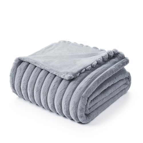 Amélie Home Faux Fur Throw Blanket for Couch, Rabbit Fur Warm Luxurious Soft Striped Cozy Fluffy Plush Gift Blankets for Family Sofa Chair Bed Living Room,Light Grey,60 x 80 inch