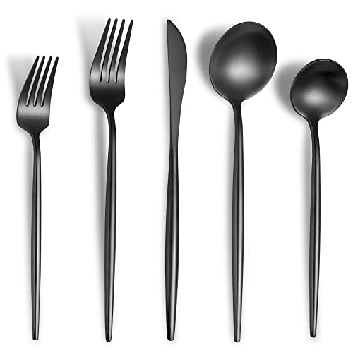 Lemeya Matte Black Silverware Set for 4,Modern Stainless Steel Brushed Cutlery Set,20-Pieces Heavy Duty Flatware Set,Knives Spoons and Forks Set Utensils Set, Satin Finish, Dishwasher Safe