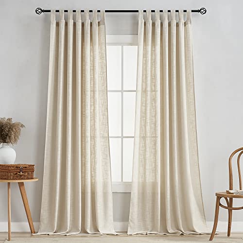 VOILYBIRD Linen Semi Sheer Curtains Tab Top Light Filtering Elegant Curtains & Drapes for Living Room 52 x 63 Inch Length, Set of 2 Panels, Beige