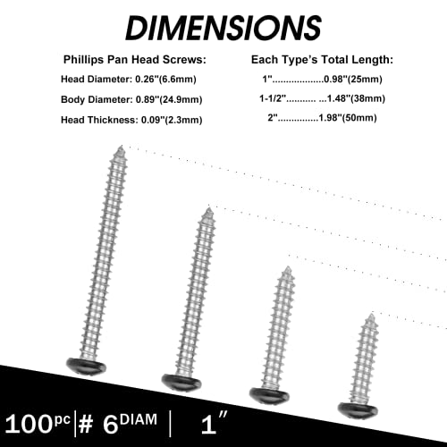 White Head 100 PCS #8x1" Stainless Steel Phillips Pan Head Wood Screws,Stainless Steel 18-8 A2(304) Screw,Home Screw Kit by QISHENG