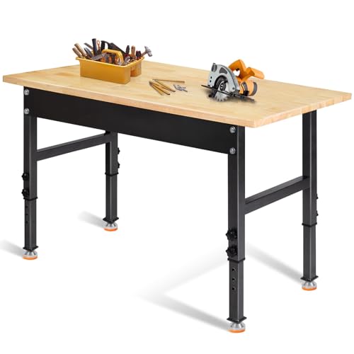 48" Adjustable Work Bench, Rubber Wood Top Workbench Heavy-Duty Work Table, 2000 LBS Load Capacity Hardwood Work Benches for Garage, Workshop, Home, Office, Easy Assembly
