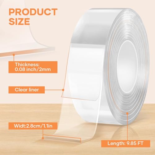 FlyCoco 9.85FT Double Sided Tape Heavy Duty, Multipurpose Removable Adhesive Transparent Magic Nano Tape Grip Reusable Mounting Tape Washable for Wall Decor, Poster Hanging, DIY Projects, Carpet