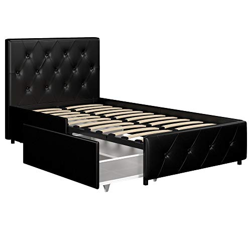 DHP Dakota Upholstered Platform Bed with Underbed Storage Drawers and Diamond Button Tufted Headboard and Footboard, No Box Spring Needed, Twin, Black Faux Leather