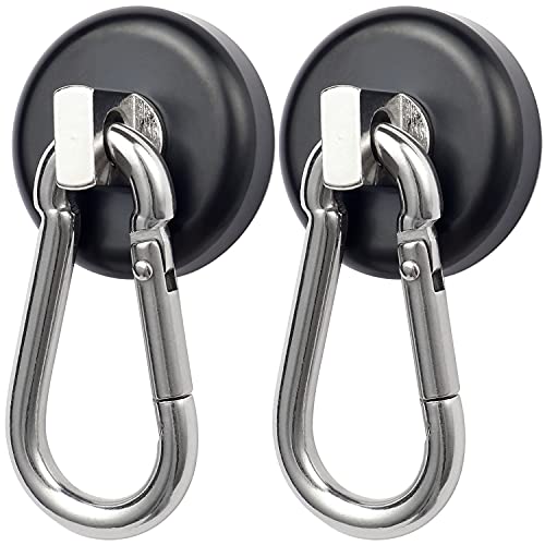 WELLZEER Magnetic Hooks 100lbs Black Magnet Hooks with Swiveling Carabiner for Hanging Refrigerator Strong Large Neodymium Magnet (100LBS-2PACK-BLACK)