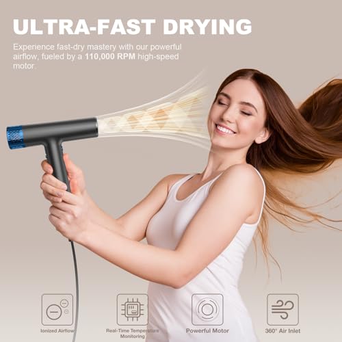 YAPOY Professional Hair Dryer with Diffuser Fast Drying 200 Million Ionic Blow Dryer with 110, 000 RPM High-Speed No Heat Damage Intelligent Thermo-Control Low Noise Black