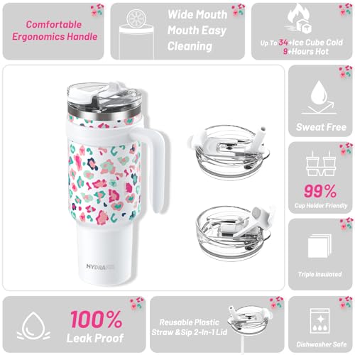 Hydraful Insulated 46oz Tumbler with Handle and Straw Lid - 100% Leak-Proof - Cupholder Friendly Travel Mug - Reusable Stainless Steel Insulated Cup with lid and straw - Ideal Gift for Friends