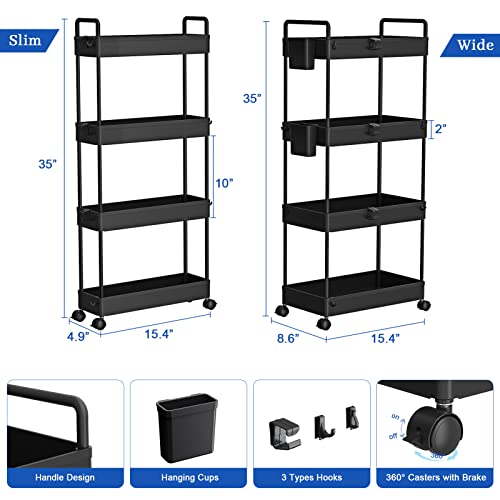 SOLEJAZZ Storage Cart 4 Tier, Laundry Room Organizer, Bathroom Rolling Storage Carts, Mobile Storage Shelves with Brake Wheels, Utility Cart for Apartment Bedroom Office Garage, Black, 2 Pack