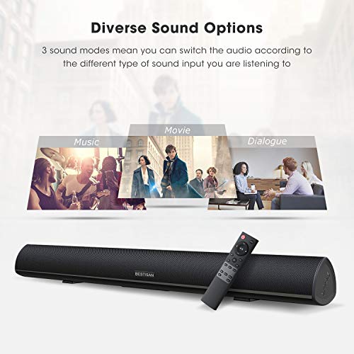 Sound bar, BESTISAN Soundbar Wired and Wireless Bluetooth 5.0 HDMI-ARC Speaker for TV (28 Inches, HDMI-ARC Connection, Optical Cable Included, DSP, Bass Adjustable, Wall Mountable)