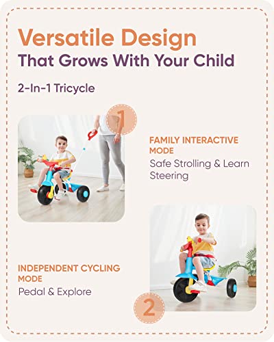 KRIDDO 2 in 1 Kids Tricycles Age 18 Month to 3 Years, Gift Toddler Tricycles for 2-3 Year Olds, Trikes for Toddlers with Push Handle and Duck Bell (Classic, EVA Wheel)