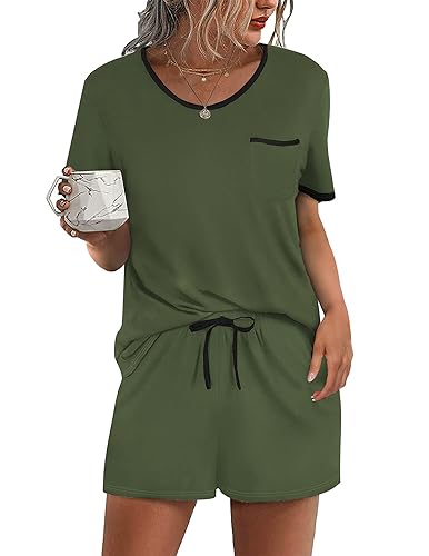 Ekouaer Pajama Set for Women 2 Piece Lounge Set Short Sleeve Tops and Shorts Soft Sleepwear, Chest Pocket Navy Blue