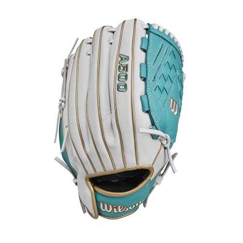 Wilson 2024 A500™ Siren™ 12.5” Youth Outfield Fastpitch Softball Glove - Right Hand Throw, White/Teal/Metallic Gold