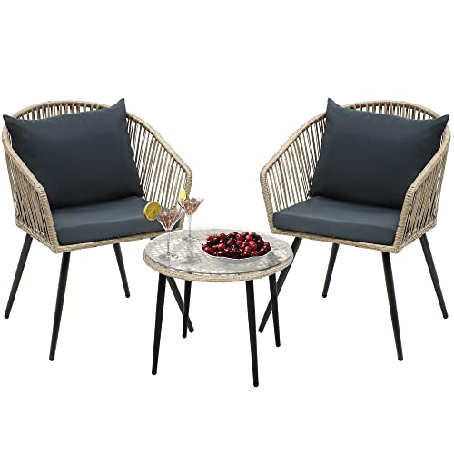 YITAHOME 3-Piece Outdoor Patio Furniture Wicker Bistro Set, All-Weather Rattan Conversation Chairs for Backyard, Balcony and Deck with Soft Cushions, Beige