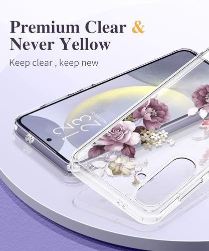 GVIEWIN for Samsung Galaxy S24 Case Floral, with Screen Protector & Camera Lens Protector, Hard PC&TPU Bumper Clear Shockproof Protective Women Phone Cover 6.2" (Cherry Blossoms/Purple)