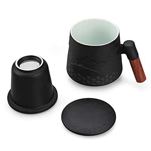 NCQIXIAO Tea Cup with Infuser and Lid, Gradual Mountain and Spray Tea Mug Cups with Infuser, Wood Handle Ceramic Coffee Mug with Lid Tea 430ml/14.50 OZ (Black)