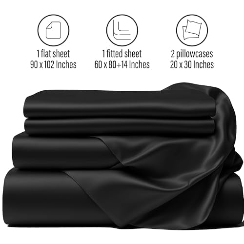 AL AHMEDANI LINEN Black Satin Sheets Queen - Luxurious 4-Pcs Silk Sheets Queen Size Bed Set - Breathable Silky Smooth Comfortable Bed Sheets – Deep Pocket 1 Fitted Sheet, 1 Flat Sheet, 2 Pillowcases