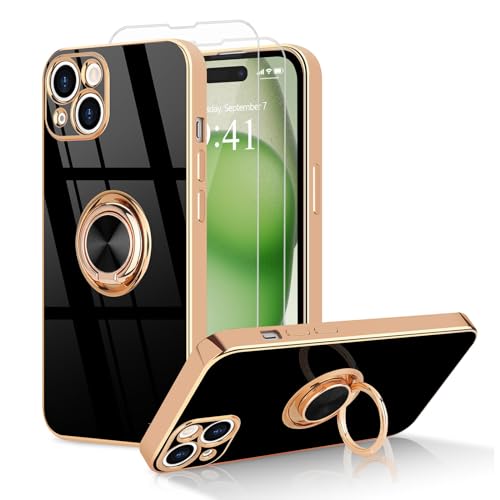 Urarssa for iPhone 15 Case with Stand 360° Rotatable Ring Holder Magnetic [with 2 Screen Protector] Kickstand Gold Plating for Women Men Shockproof Protective Phone Case Cover for iPhone 15, Black