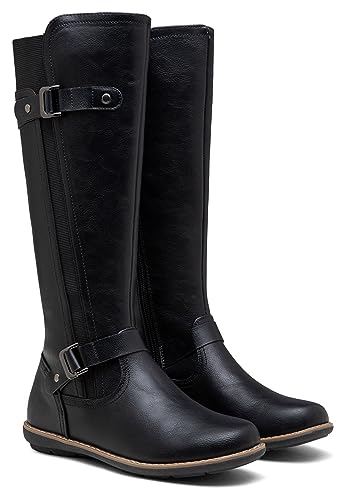 Jeossy Women's 9656 Knee-High Boots Black Fashion Riding Boots with Buckle Size 6 (DJY9656 black 06)