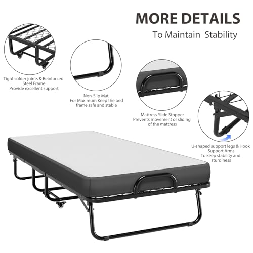 DICTAC Folding Bed with Mattress 75 x 38 Twin Size Bed Frame Portable Foldable Guest Bed for Adults Rollaway Bed with Wheels Fold up Bed for Easy Storage and Move- 5'' Luxurious Memory Foam Mattress