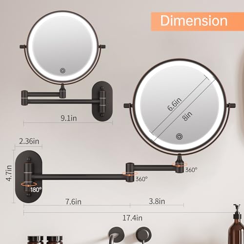 Rechargeable Wall Mounted Lighted Makeup Vanity Mirror 8 Inch Double Sided 1X 10X Magnifying Bathroom Mirror, 3 Color Lighting, Touch Dimming, Extended Arm 360 Rotation Light up Mirror Antique Bronze