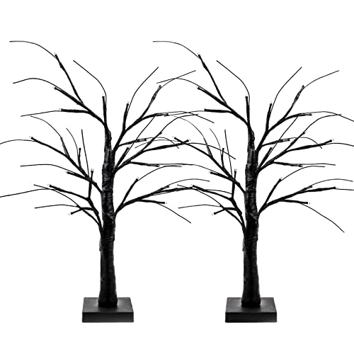 Halloween Decorations Indoor, 2-Pack 2FT Lighted Black Halloween Tree with 48 LED Orange & Purple Lights, Timer Function Battery Operated Halloween Trees Lights Spooky Tree for Tabletop Home Party