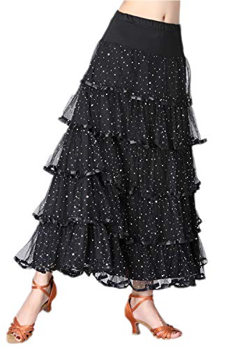 CISMARK Elegant Sequins Long Swing Ballroom Latin Dance Skirt for Girls(Black)