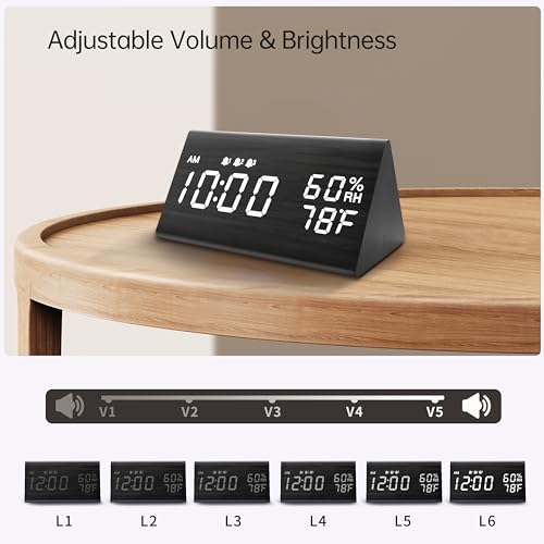 Digital Alarm Clock, with Wooden Electronic LED Time Display, 3 Alarm Settings, Humidity & Temperature Detect, Wood Made Electric Clocks for Bedroom, Bedside (Black)