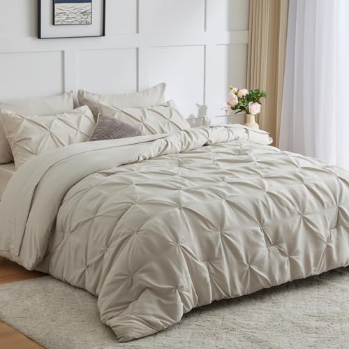 CozyLux King Size Comforter Set - 7 Pieces Comforters King Size White, Pintuck Bed in A Bag Pinch Pleat Bedding Sets with All Season Comforter, Flat Sheet, Fitted Sheet and Pillowcases & Shams